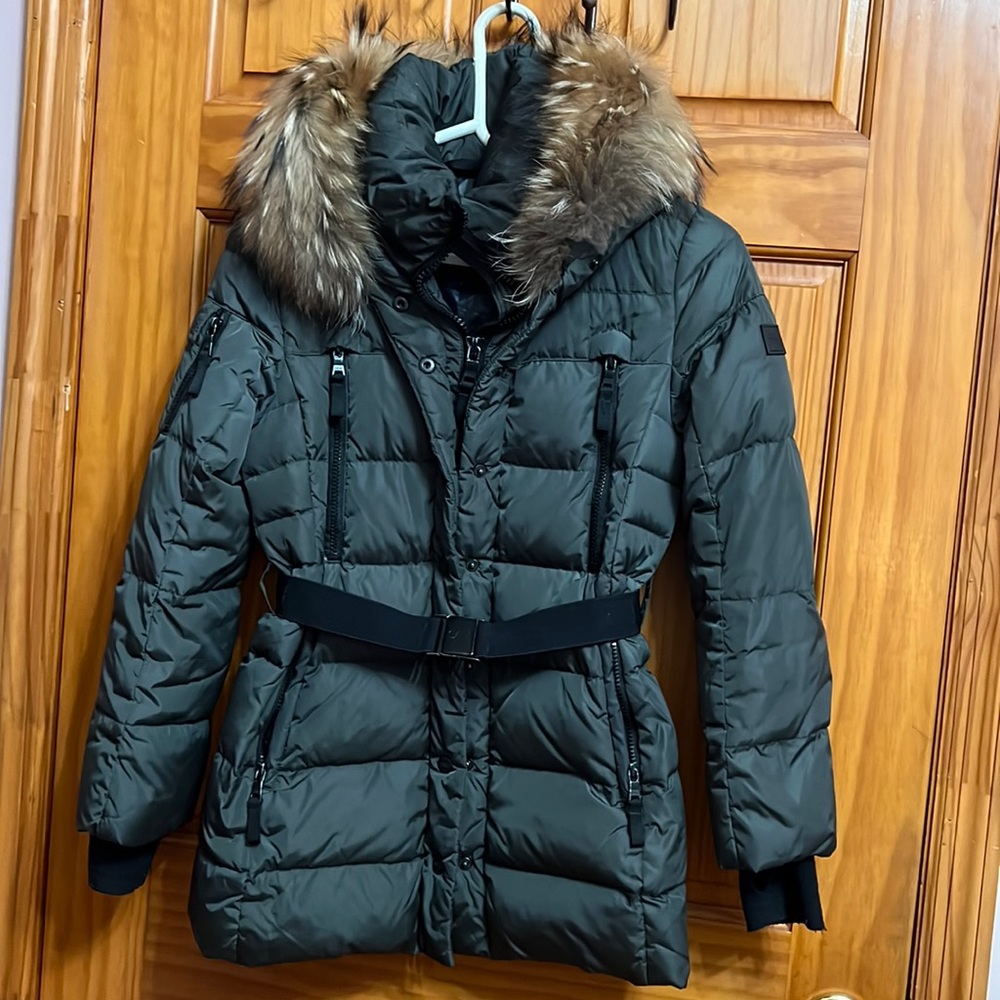 SAM NYC BELTED COAT (olive green) with Fur